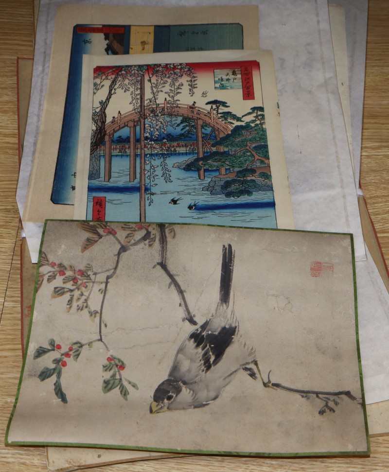 A group of assorted Japanese wood block prints and other works, unframed